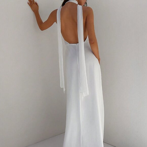 White Halter Backless V-Neck Womens Chiffon Cinched Waist A-Line Dress - Picture 2 of 7